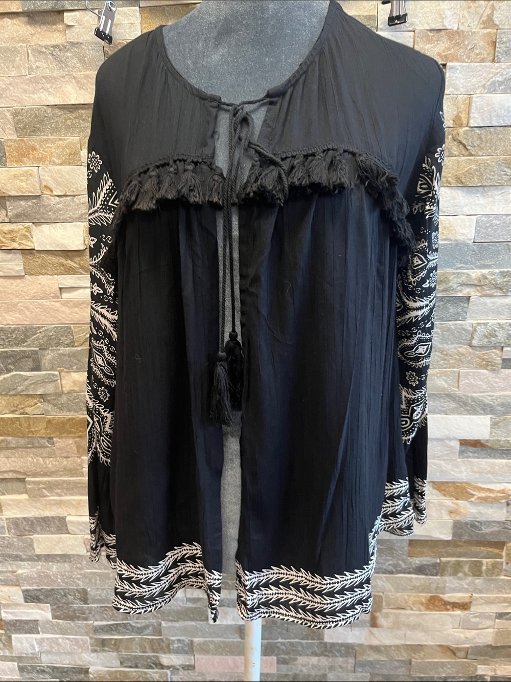 Blue Rain Black Embroidered Tassel Tie Tunic